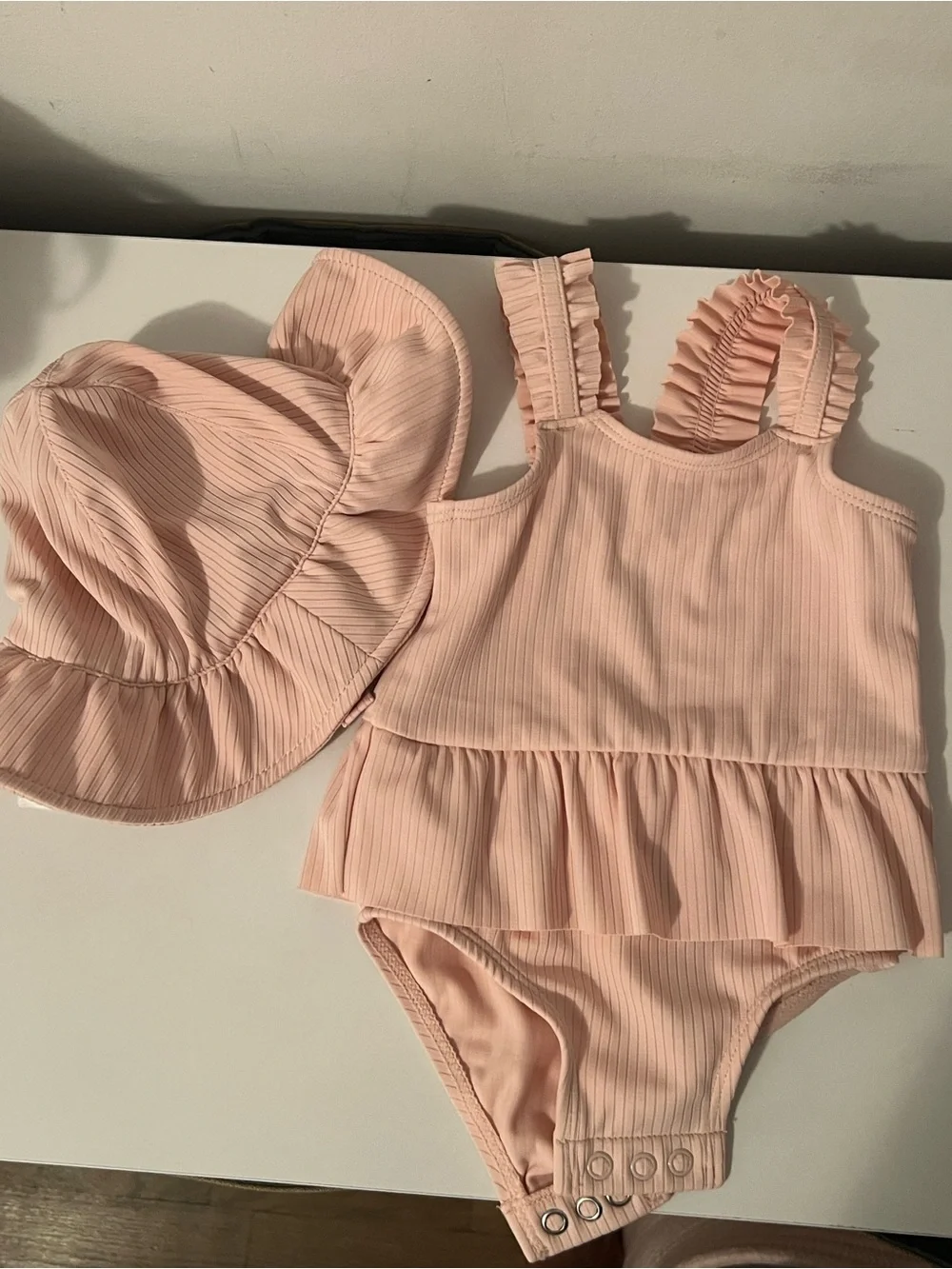 Carter’s Peach Pink Ribbed Ruffle Baby One-Piece + Matching Hat
